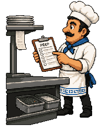 Giorgos checking the prep list against crates sorted by station