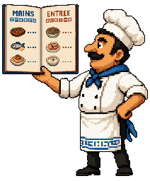 Giorgos holding open a menu with labeled sections for mains and entrées